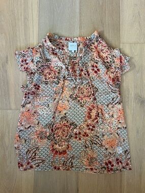 Misa Los Angeles Peach and Coral Floral Cold-Shoulder Blouse
